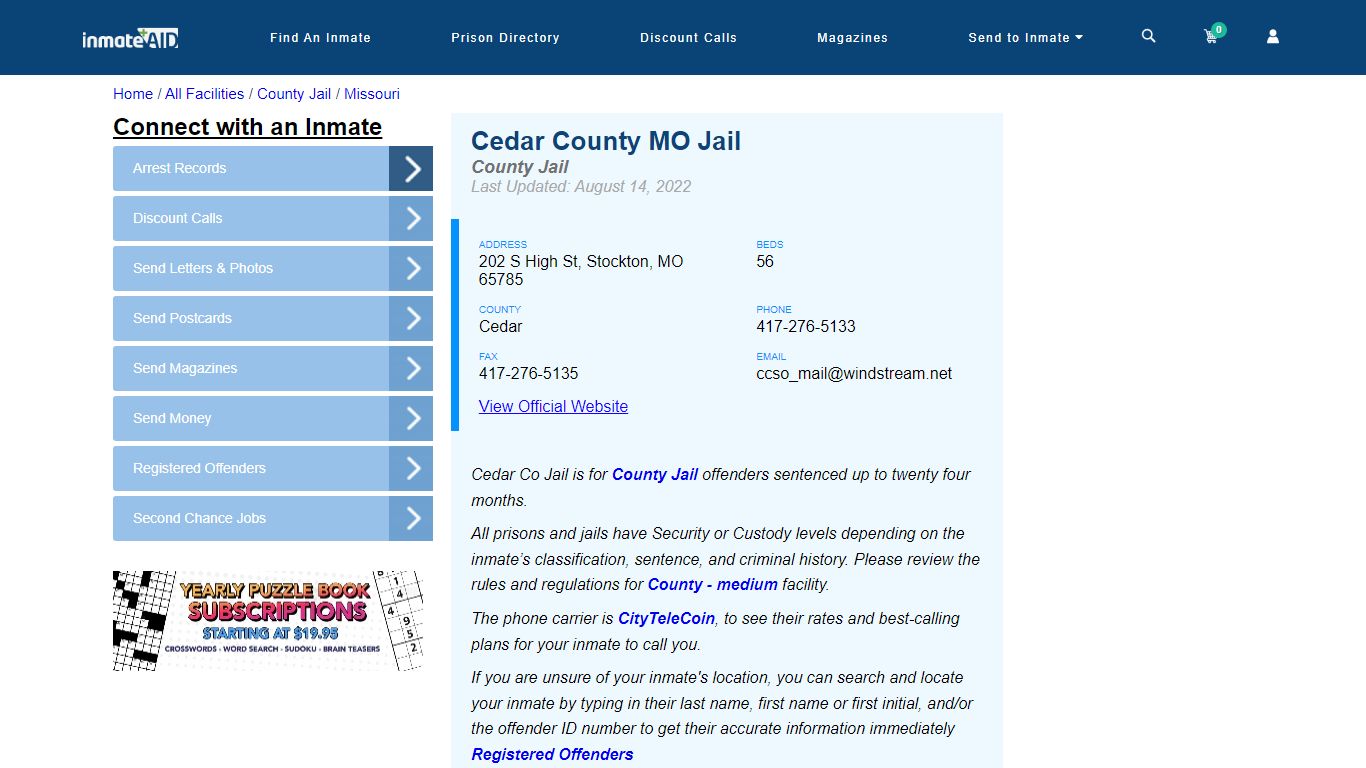 Cedar County MO Jail - Inmate Locator